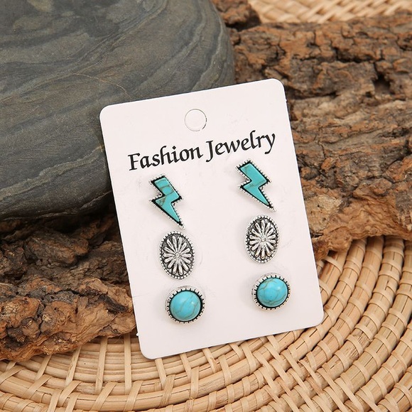 Lightning Bolt Western Boho Faux turquoise Blue stud style Silver Earrings - Picture 2 of 4